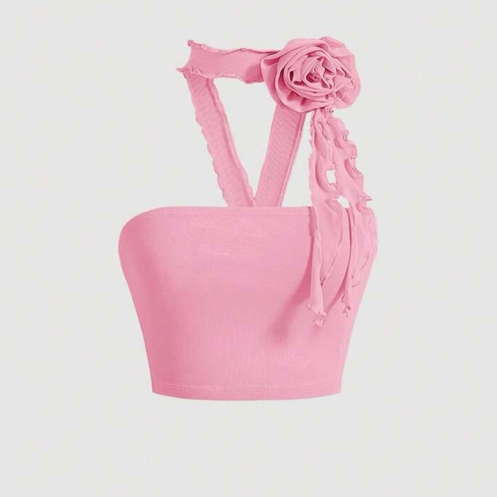 SHEIN Pink Halter Crop Top with Flower Detail
